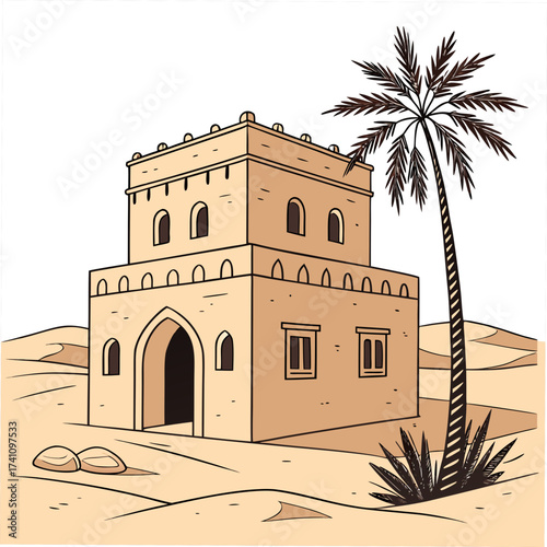 Traditional Arabian clay house with palm tree in desert 1