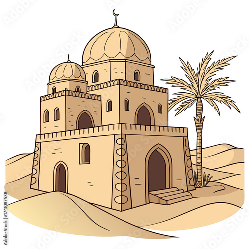 Traditional arabian clay house with palm tree in desert