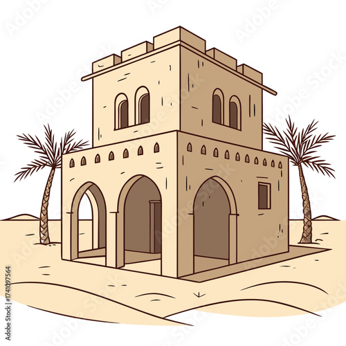 Traditional Arabian desert house with palm trees vector