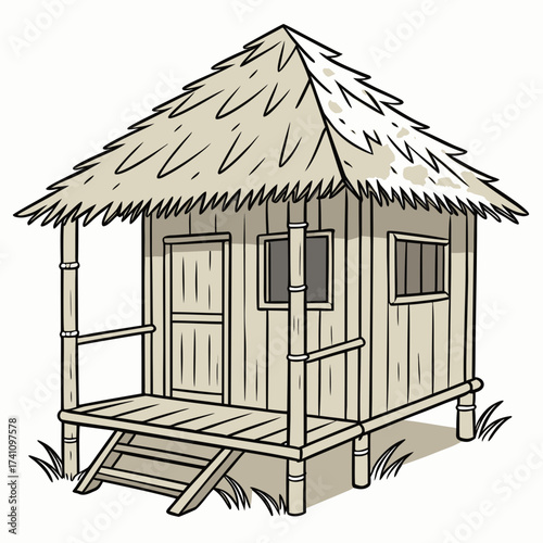 Traditional bamboo hut with thatched roof and porch