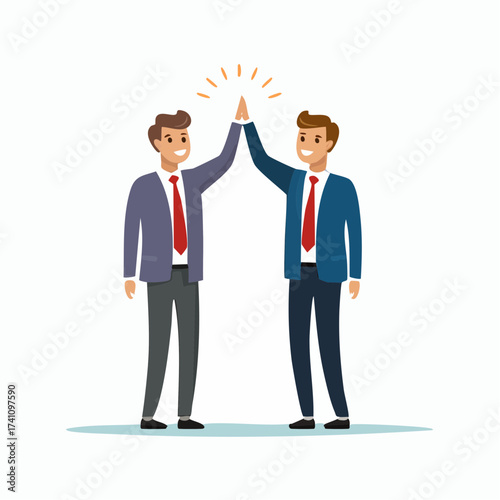 Two men in suits are celebrating with a high five. The image shows a display of teamwork and accomplishment.