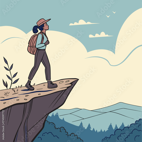 Backpacker Woman Standing on Cliff Edge Illustration Vector.
