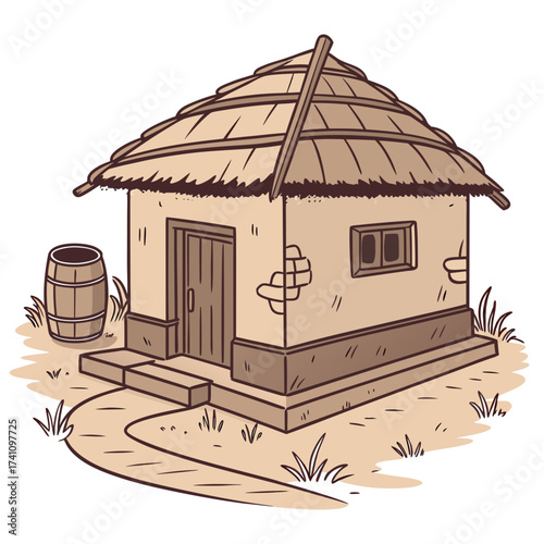 Traditional Indian mud hut with thatched roof and barrel