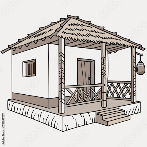 Traditional Indian mud hut with thatched roof and veranda 1