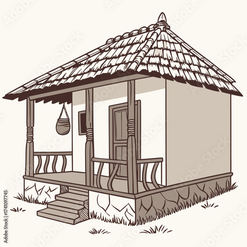 Traditional Indian mud hut with thatched roof and veranda