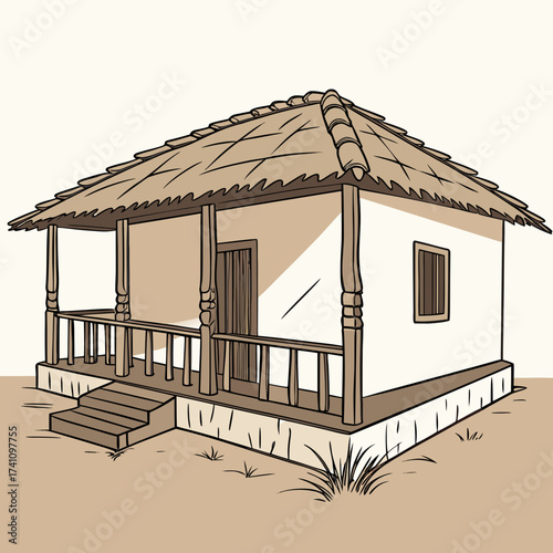 Traditional Indian mud hut with thatched roof and veranda 2