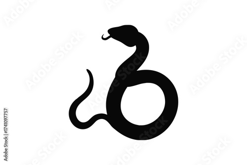 A striking black silhouette of a coiled serpent with its head raised and tongue flicking representing danger and mystery in a minimalist style silhouette