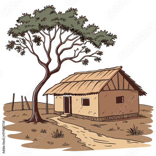 Traditional Indian village mud hut with thatched roof and tree 1