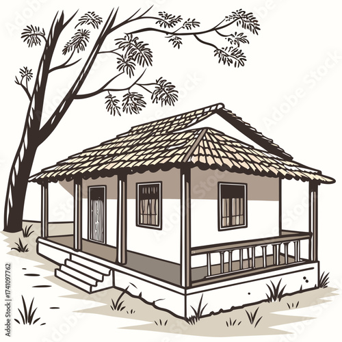 Traditional Indian mud hut with veranda and tree traditional house