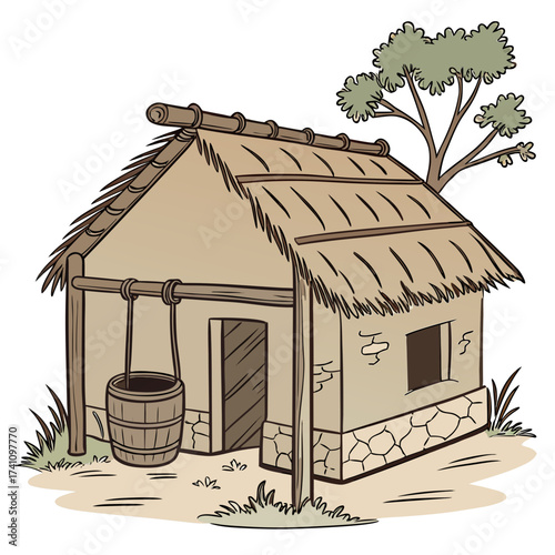 Traditional Indian village mud hut with thatched roof and well