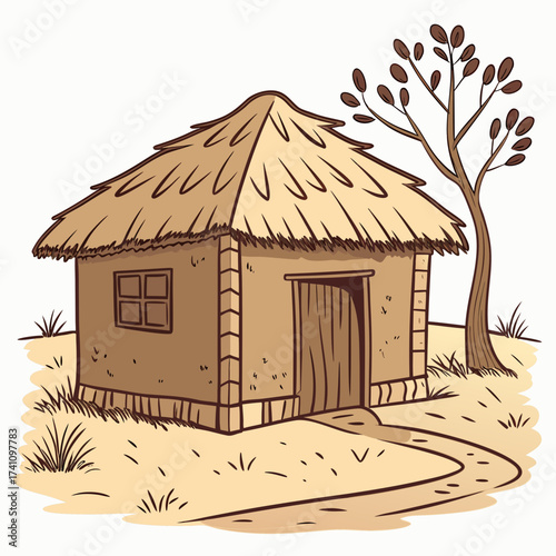Traditional Indian village mud hut with thatched roof and tree