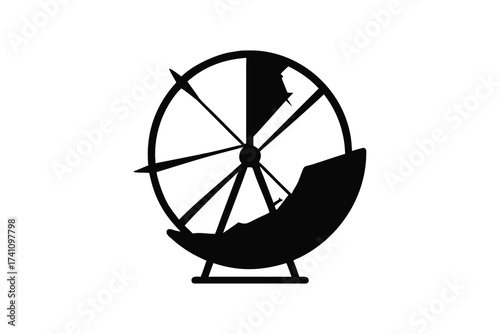 A stylized black silhouette of a ferris wheel with a single gondola containing a person in silhouette against a white background