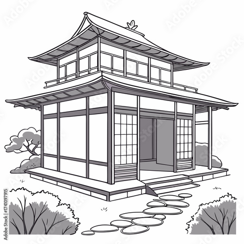 Traditional Japanese tea house with stone path and garden