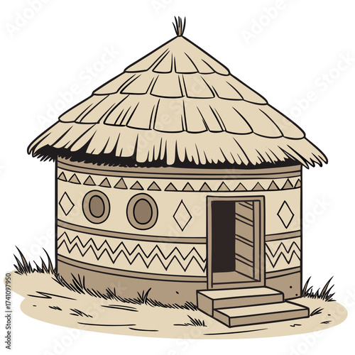 Traditional mud hut with thatched roof and geometric patterns 1