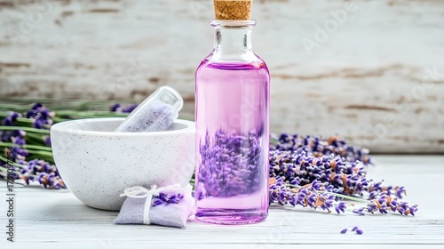 Still life of lavender essential oil bottle with dried flowers and mortar