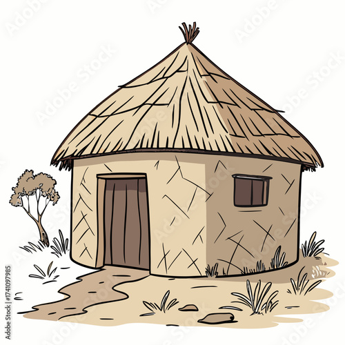 Traditional mud hut with thatched roof and small tree