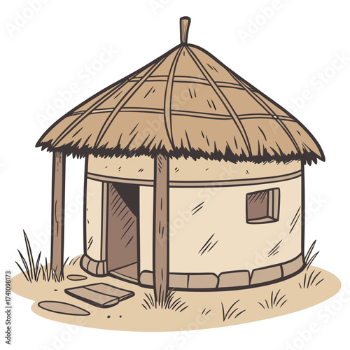Traditional thatched roof clay hut vector illustration 1