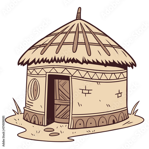 Traditional thatched roof clay hut vector illustration