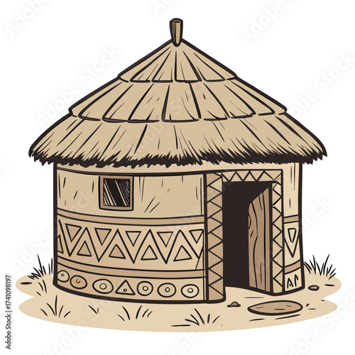 Traditional thatched roof clay hut with geometric patterns
