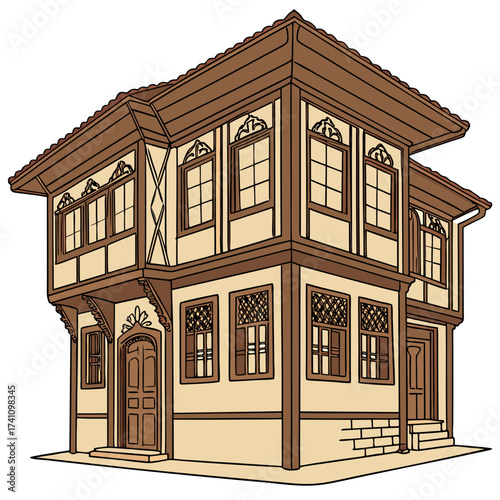 Traditional wooden house with ornate windows and doors