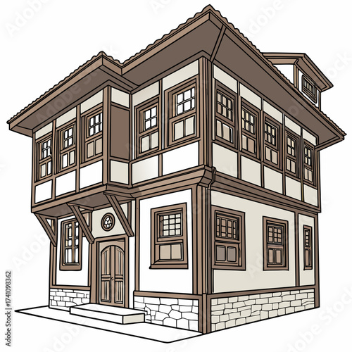 Traditional wooden house with stone foundation and multiple windows