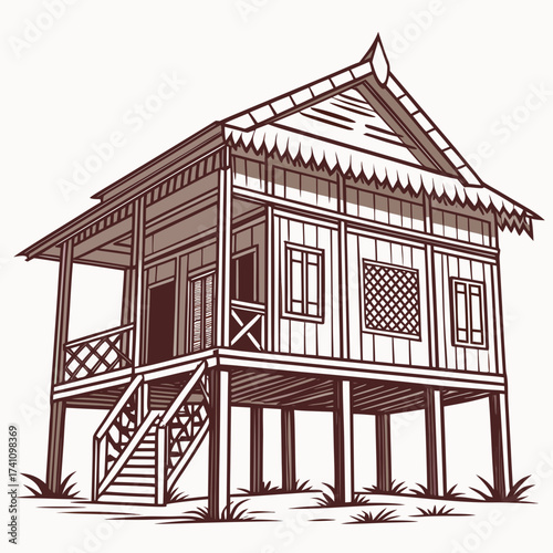 Traditional wooden stilt house vector illustration