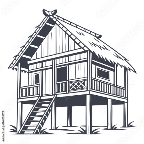 Traditional wooden stilt house with thatched roof and ladder