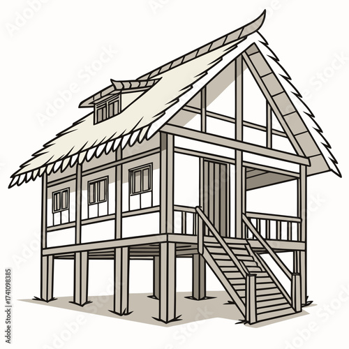 Traditional wooden stilt house with thatched roof traditional house