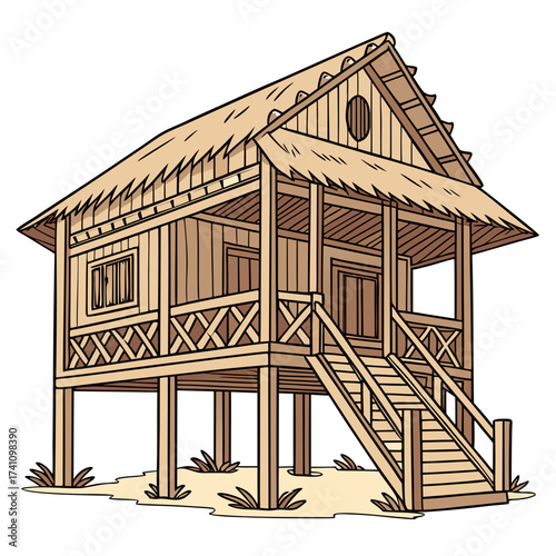 Traditional wooden stilt house with thatched roof wooden house