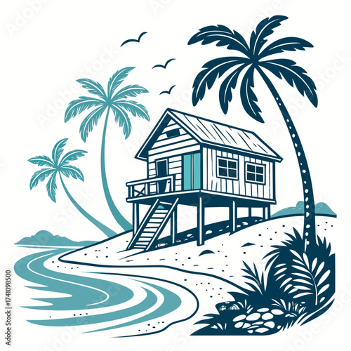 Tropical stilt house with palm trees and ocean waves