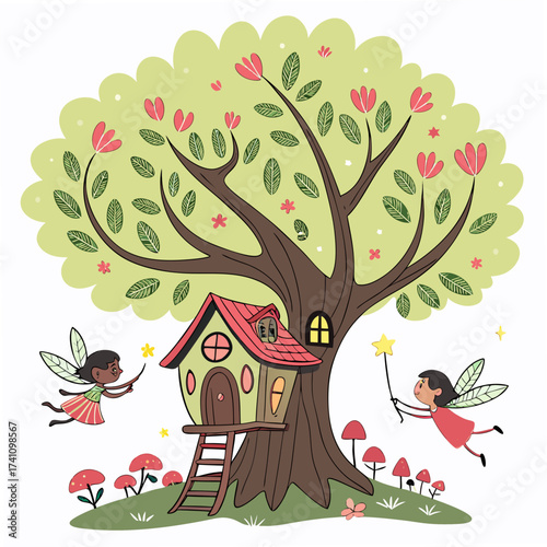 Two fairies flying around a whimsical treehouse with mushrooms
