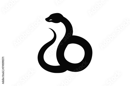 A striking black silhouette of a coiled serpent with its head raised in a dynamic and stylized pose showcasing its elegant form against a clean white background silhouette