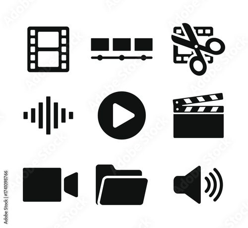 Set of video editing and multimedia icons including film reel, play button, sound wave, clapperboard, audio symbol, video camera, and folder in black silhouette design isolated on white background