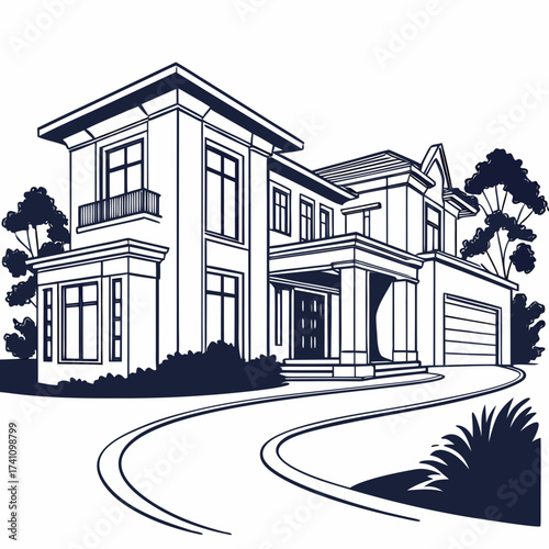 Two story mansion with driveway and garage vector house