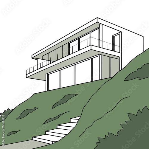 Two story modern villa with glass balcony on green hillside