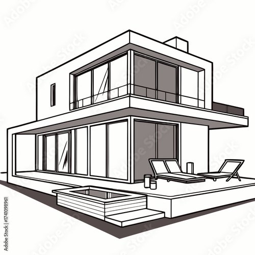 Two story modern villa with rooftop jacuzzi and lounge chairs