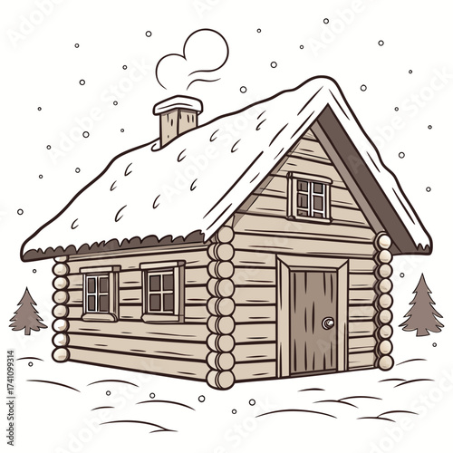 Vector illustration of a log cabin in the snow winter
