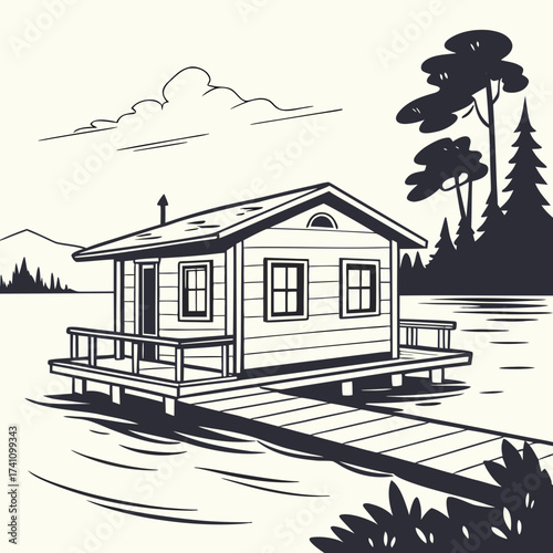 Vector illustration of a wooden cabin on a lake with a pier