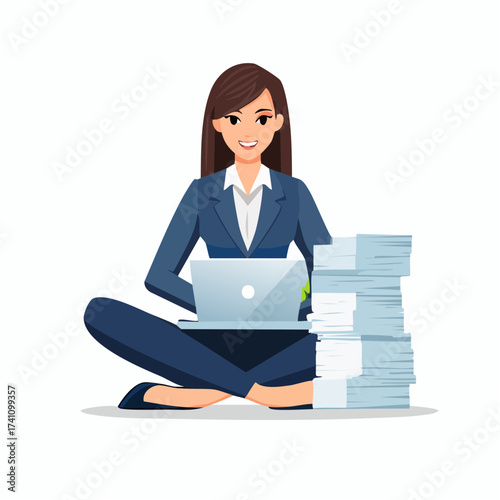 An elegant businesswoman working on laptop next to large paper stack