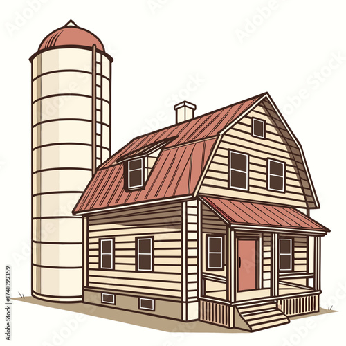 Vector illustration of a wooden farmhouse with a silo