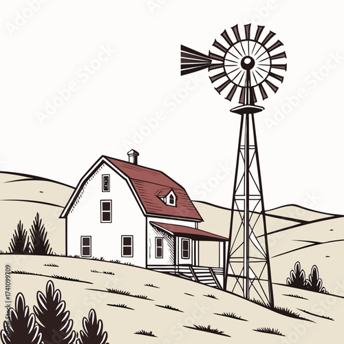 White farmhouse with red roof and windmill vector ranch