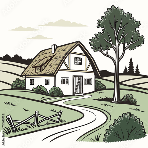 White farmhouse with thatched roof and wooden stable vector