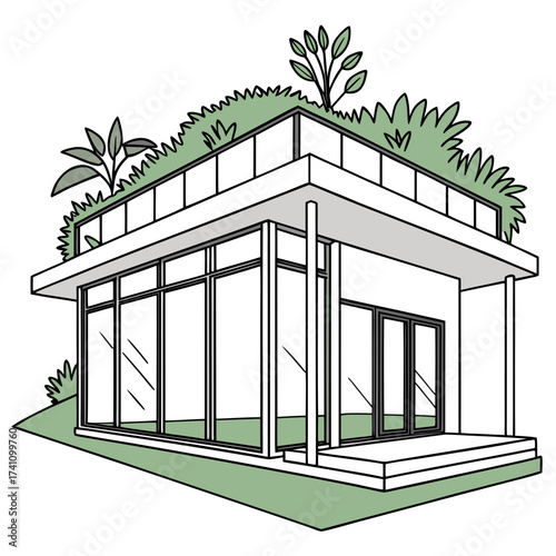 White glass villa with green rooftop garden house building