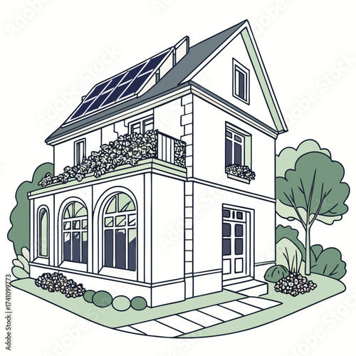 White house with rooftop solar panels and garden balcony