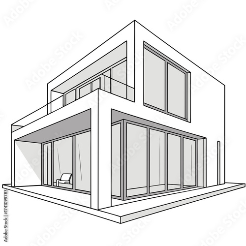 White modern cube villa with large glass windows house