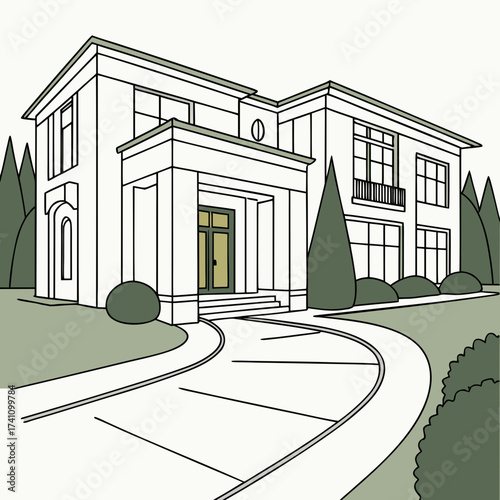White modern mansion with green trees and driveway
