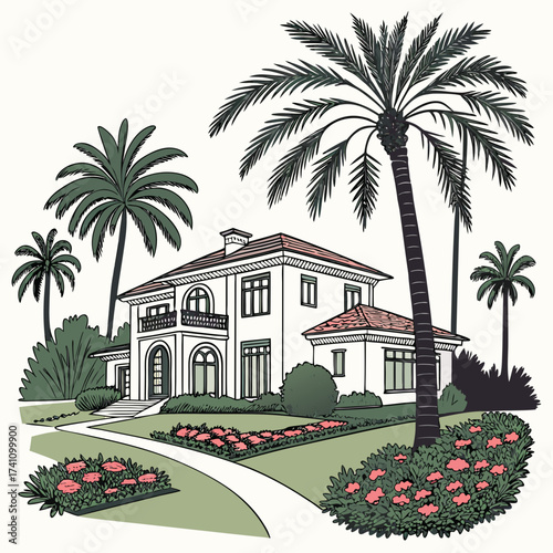 White villa with palm trees and pink flowers vector