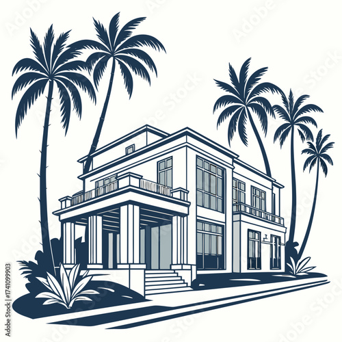 White villa with palm trees vector graphic house building