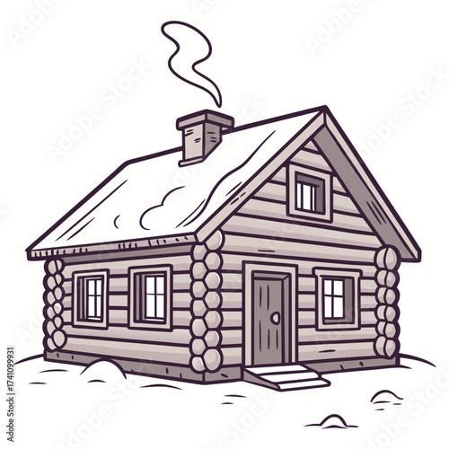 Winter log cabin with snow on roof and smoke vector