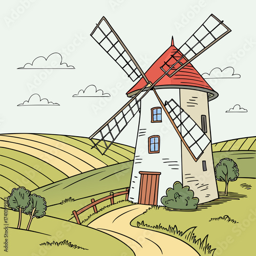 White windmill with red roof in green countryside rural